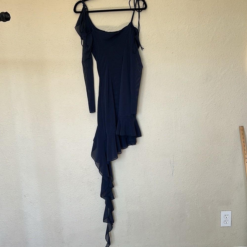 House of CB Kiki French Navy Ruffle Mini Dress Blue XS Tall Asymmetrical Mesh - Picture 3 of 10